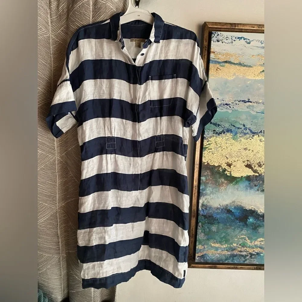 Burberry Brit Shirt Dress Womens  Plaid  White Navy  Sz 4  Linen Pockets